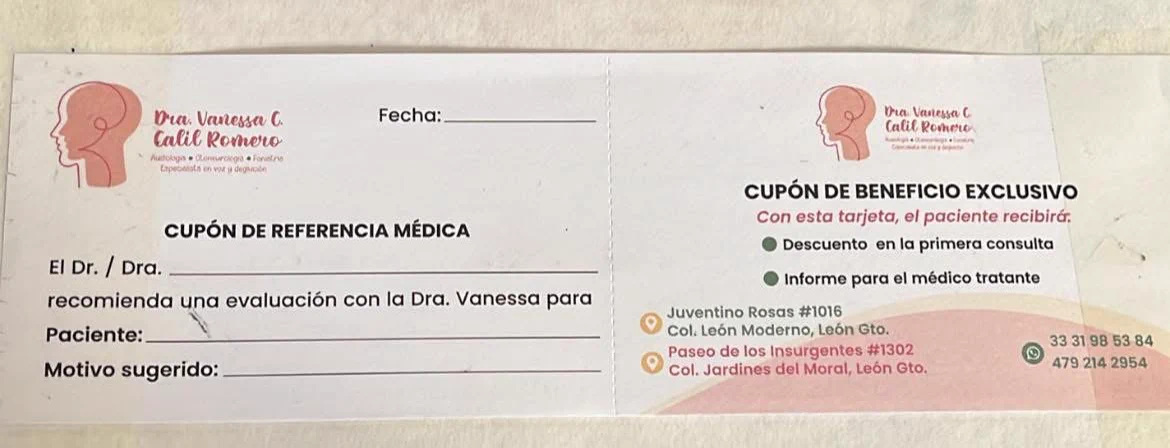 Cupón de referencia médica impreso a color.