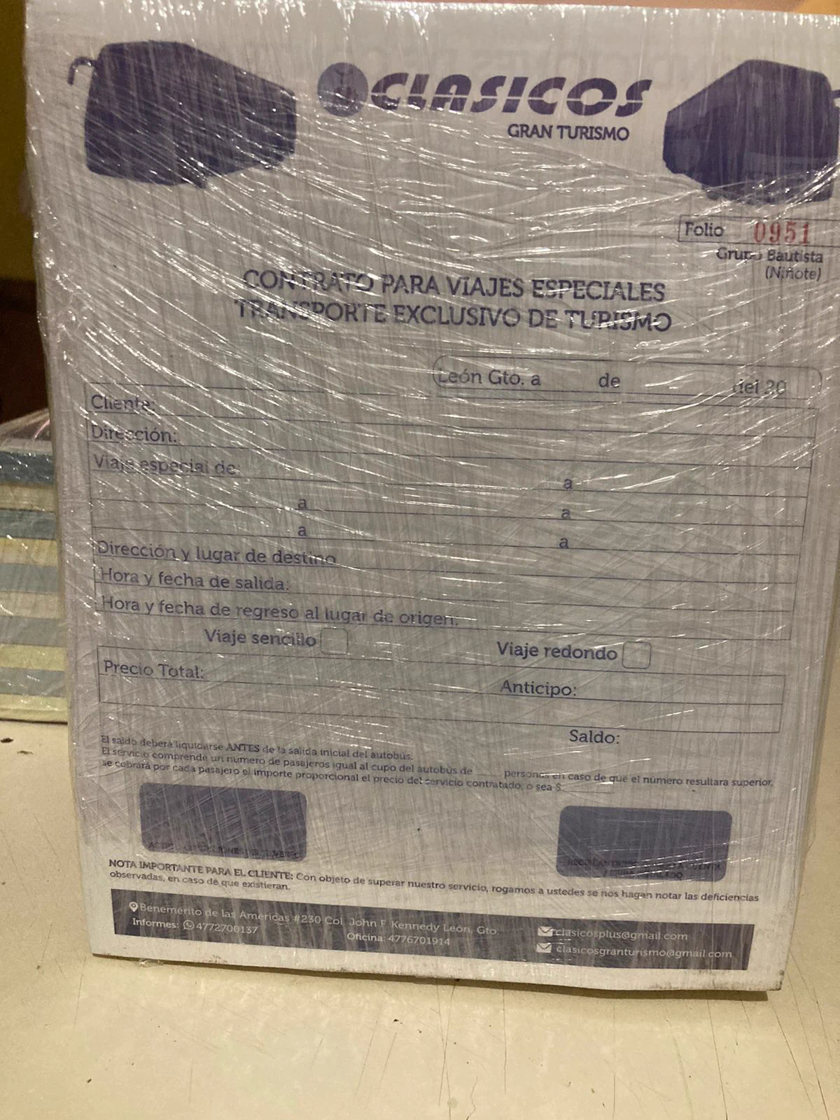 Formato impreso para la contratación de viajes especiales.